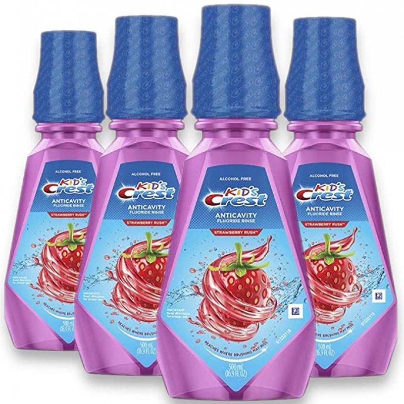 ihocon: Crest Kid's Anti Cavity Alcohol Free Fluoride Rinse, Strawberry Rush, 16.9 fl oz. (Pack of 4) 兒童草莓口味抗蛀齒漱口水