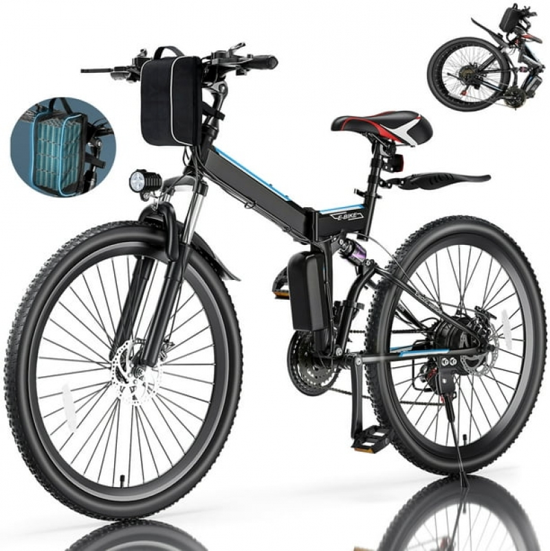 ihocon: Elifine 26 In. Folding Mountain Electric Bike for Adults, 500W Motor, 21 Speed, Full Suspension, 48V Foldable Ebike with Removable 7.8Ah Lithium-Ion Battery 21段速折疊式越野電動自行車