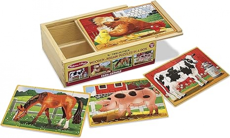 ihocon: Melissa & Doug Farm 4-in-1 Wooden Jigsaw Puzzles in a Storage Box (48 pcs total)   4合1木制拼图