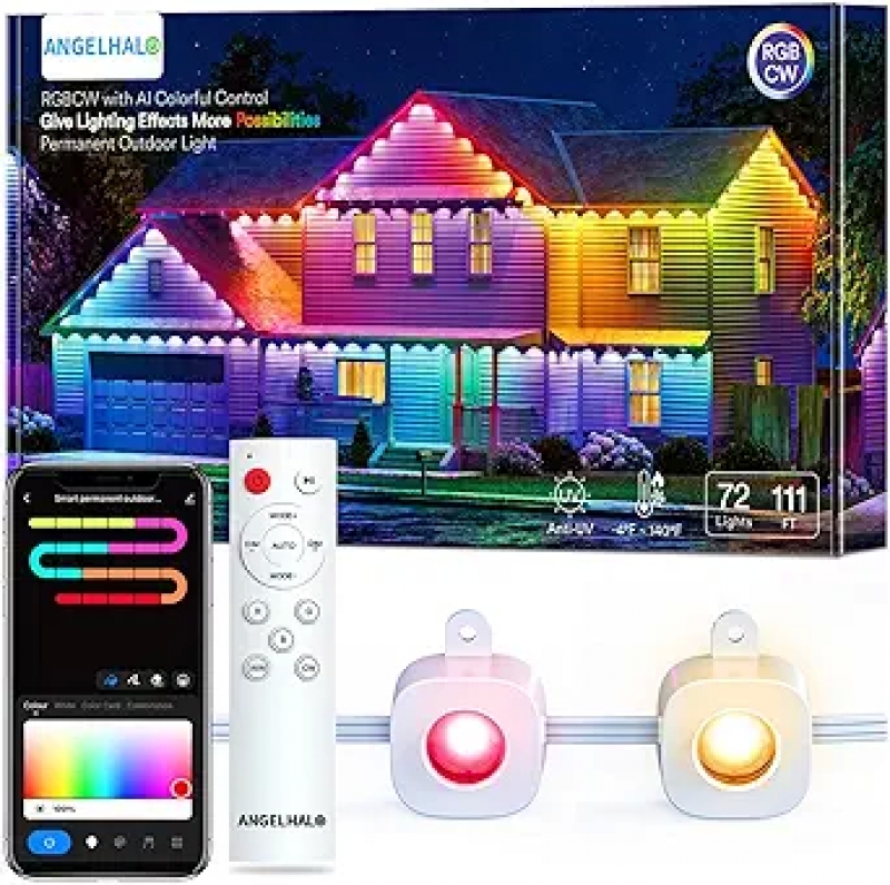 ihocon: Permanent Outdoor Lights, 100呎 Smart RGBAI Outdoor Lights with 72 LED Lights, Cold/Warm Eaves Lights IP67 Waterproof for Outdoor Decor, Garden Decor, Works with Alexa, Google Assistant 室外彩色智慧型裝飾燈