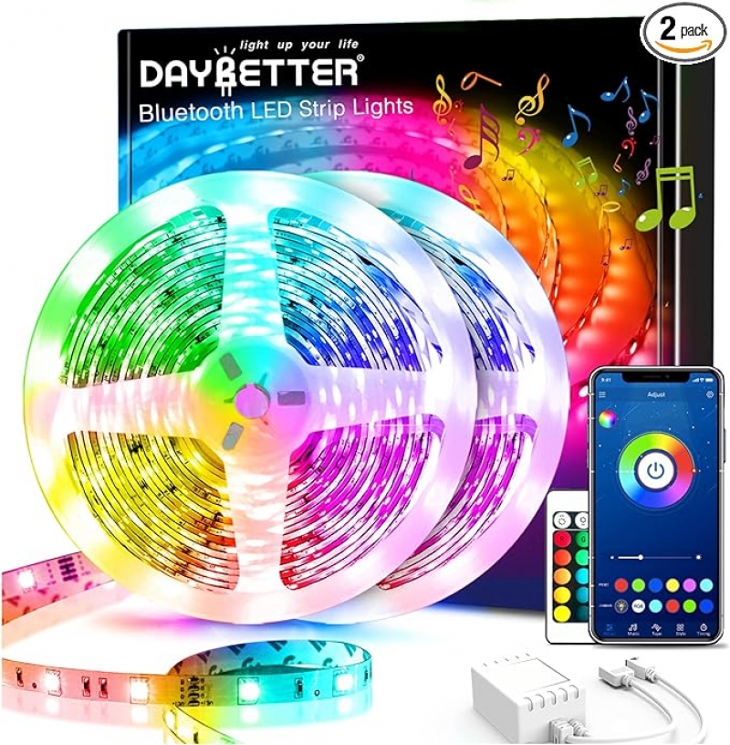 ihocon: DAYBETTER 60Ft Smart Led Lights,5050 RGB Led Strip Lights Kits with Remote, App Control Timer Schedule Led Music Strip Lights 音樂同步彩色燈帶, 30呎, 2捲