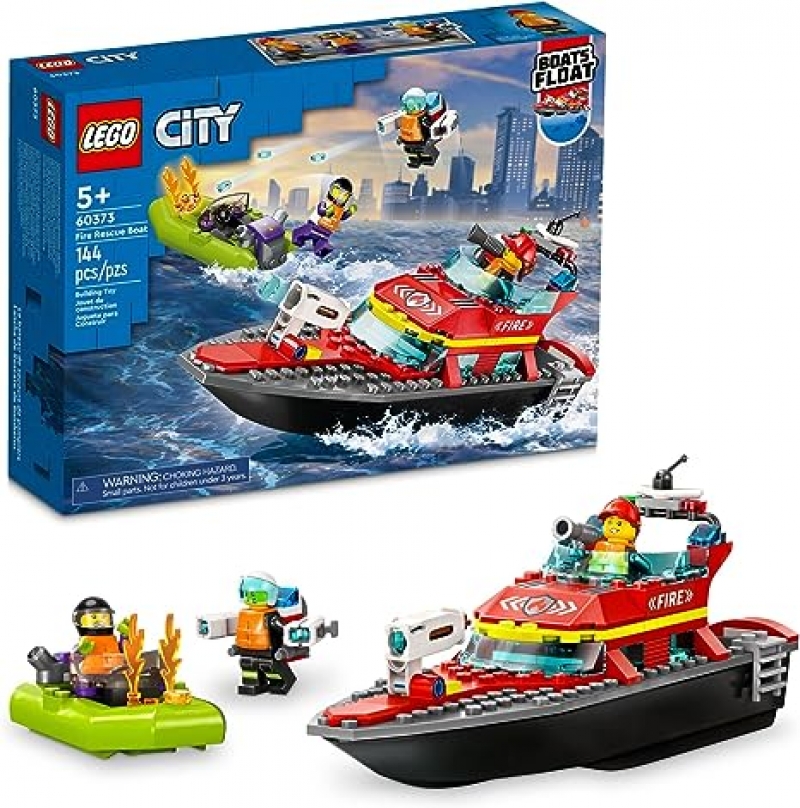 ihocon: 樂高積木LEGO City Fire Rescue Boat 60373, Toy Floats on Water, with Jetpack, Dinghy and 3 Minifigures 消防救援船 (144 pieces)