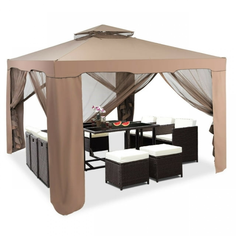 ihocon: Gymax 10'x 10' Canopy Gazebo Shelter W/Mosquito Netting Outdoor Patio Coffee 带蚊子帐凉亭