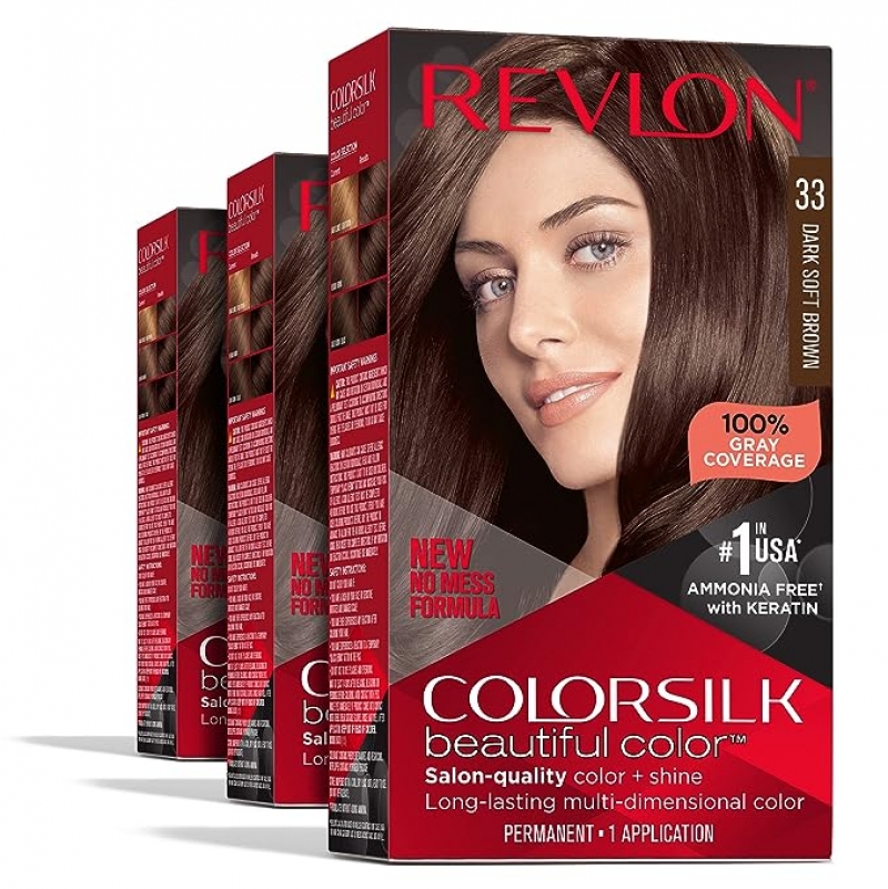 ihocon: Revlon Permanent Hair Color, Permanent Brown Hair Dye, Colorsilk with 100% Gray Coverage, Ammonia-Free, Keratin and Amino Acids, Brown Shades (Pack of 3)  染髮劑 3盒