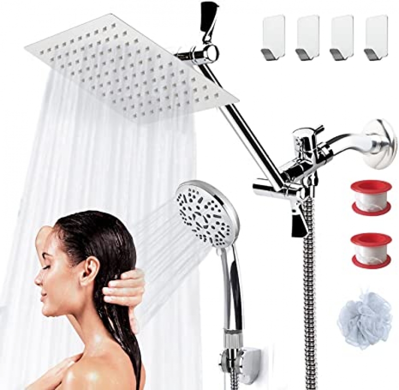 ihocon: COSYLAND 8'' Rainfall Shower Head with Handheld Combo High Pressure 9 Settings with 11'' Extension Arm 60 Hose 淋浴蓮蓬頭