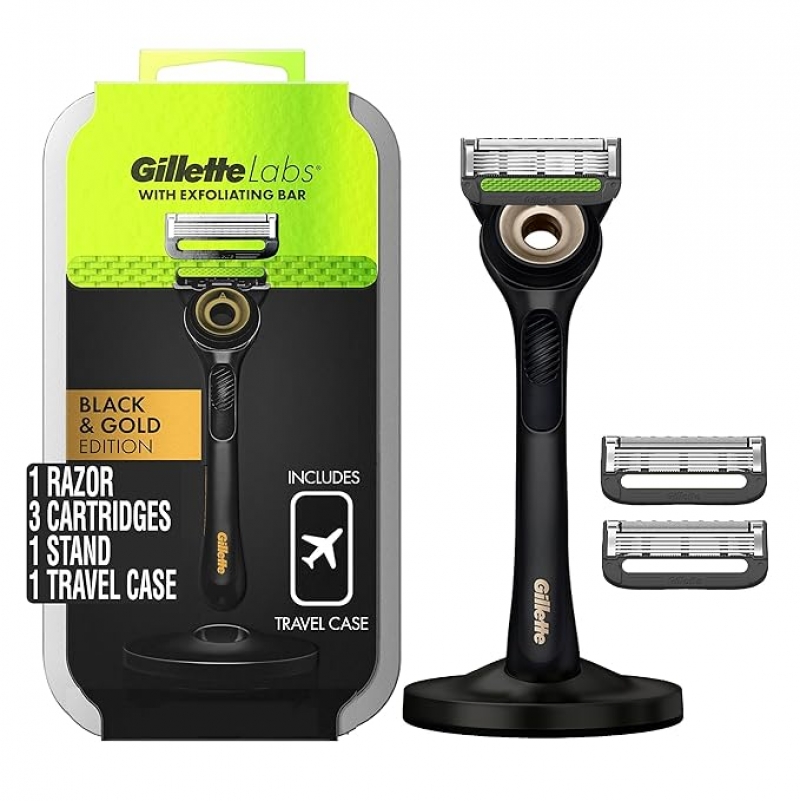 ihocon: Gillette Labs Razor for Men with Exfoliating Bar Gold Edition, Includes 1 Handle, 3 Razor Blade Refills, 1 Travel Case, 1 Premium Magnetic Stand   男士刮鬍刀, 包括 1 個手柄,3個刮鬍刀頭, 旅行盒, 磁性底座