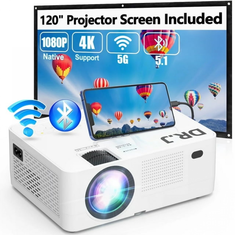ihocon: DR.J Professional Projector Native 1080P 5G Wifi 250 Display Projector with Bluetooth 5.1, Full HD 4K Outdoor Movie Projector, 120 Screen Included投影机
