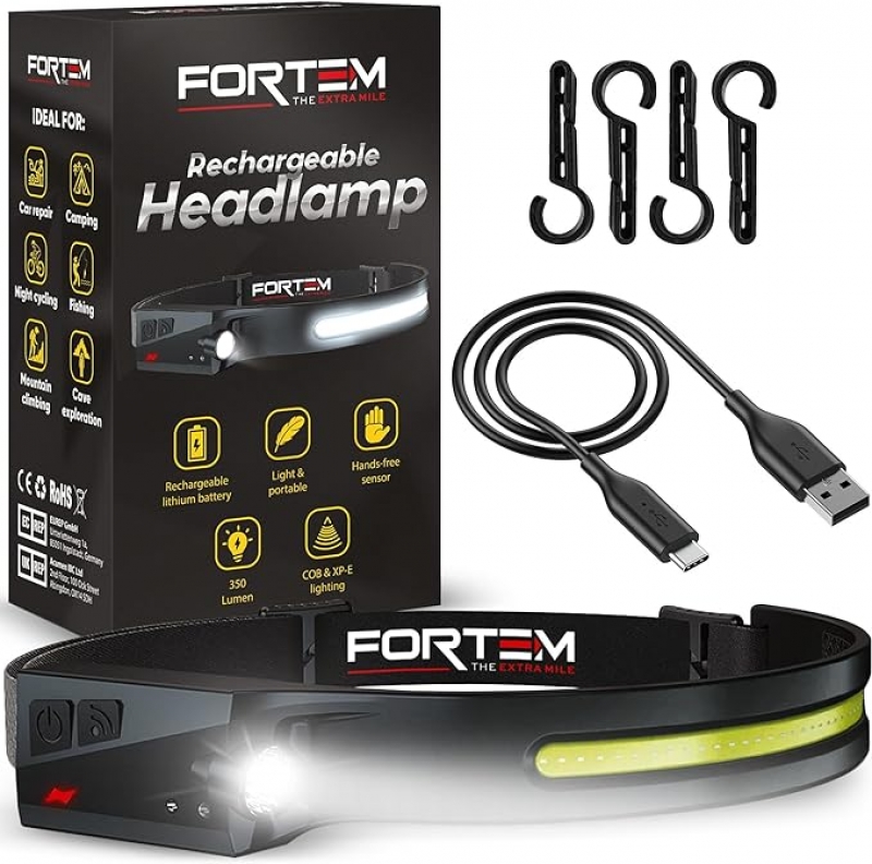ihocon: FORTEM Headlamp Rechargeable 1-Pack, 230° Wide Beam LED Head Lamp w/Motion Sensor, 6 Modes for Mechanic, 350 Lumen Hardhat Flashlight, Waterproof 動作感應 充電式防水頭燈