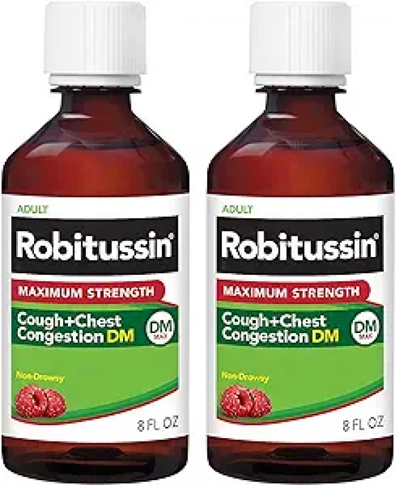ihocon: Robitussin Adult Maximum Strength Cough Plus Chest Congestion DM Max, Non-Drowsy Cough Suppressant and Expectorant, Raspberry Flavor 成人强效咳嗽祛痰糖浆 8 Fl Oz, 2瓶