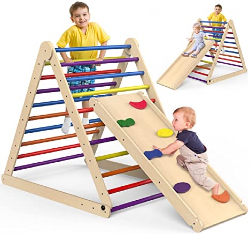 ihocon: Baoniu 3 in 1 Foldable Wooden Climbing Triangle Toys with Reversible Ramp  3合1 可折疊收納, 木製兒童攀爬玩具