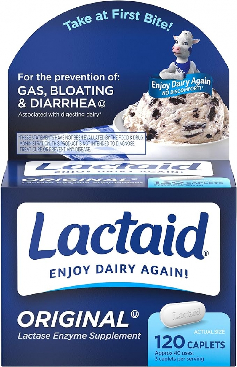 ihocon: Lactaid Original Strength Lactose Intolerance Relief Caplets with Natural Lactase Enzyme乳糖酶嚼片(乳糖不耐舒緩), 120粒