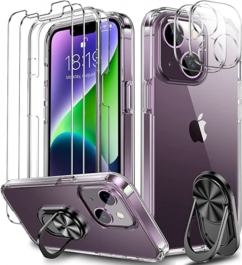ihocon: COOLQO 6in1 Compatible for iPhone 14 Plus Case 6.7吋 手機殼+2個鋼化玻璃屏幕保護膜+2個相機鏡頭保護膜+手機支架