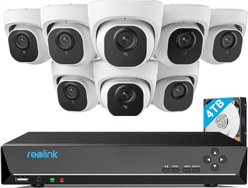 ihocon: REOLINK 4K Security Camera System, RLK16-800D8, 8pcs H.265 4K PoE, Wired with Person Vehicle Detection, 8MP/4K 16CH NVR with 4TB HDD for 24-7 Recording 居家安全監看系統, 8鏡頭, 人/車辨識, 4TB硬碟