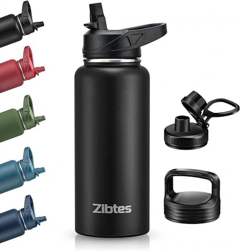 ihocon: Zibtes 32 oz Insulated Water Bottle With Straw,3 Lids(Flip, Spout and Handle Lid), 不銹鋼 保溫水瓶