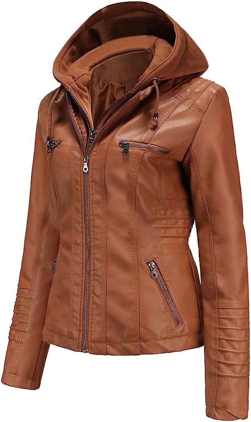 ihocon: Tagoo Faux Leather Jacket Women Motorcycle Coat for Biker with Removable Hood 女士仿皮連帽夾克 (帽可拆)-多色可選