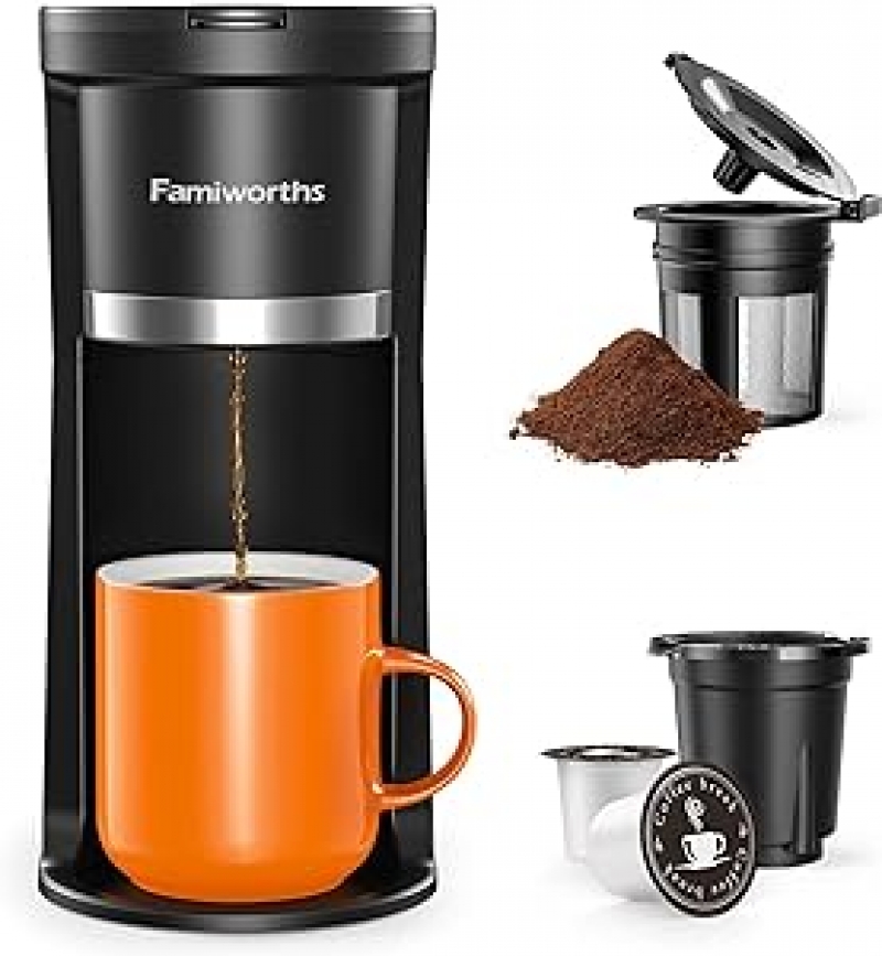 ihocon: Famiworths Mini Coffee Maker Single Serve, Instant One Cup for K Cup & Ground Coffee, 6 to 12 Oz Brew Sizes 单杯胶囊咖啡机(可使用咖啡粉)