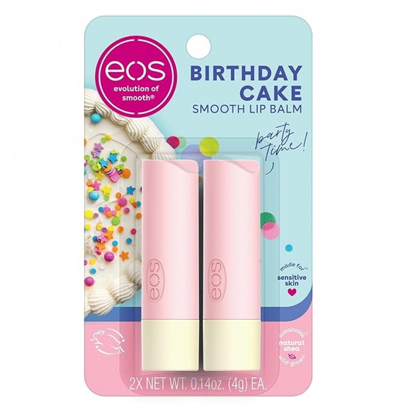 ihocon: eos Natural Shea Lip Balm- Birthday Cake, Dermatologist Recommended for Sensitive Skin, All-Day Moisture Lip Care Products 乳木果潤唇膏 0.14 Ounce 2支