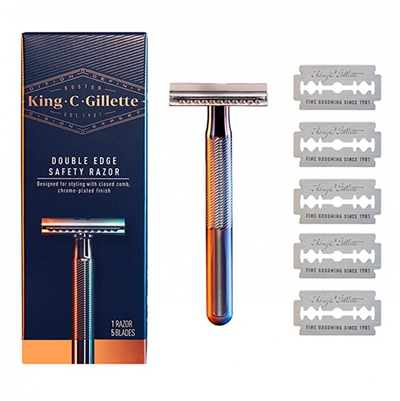 ihocon: King C. Gillette Double Edge Safety Razor Chrome Plated Handle with 5 pack Platinum Coated Refills 男士刮鬍刀, 附5個刀片