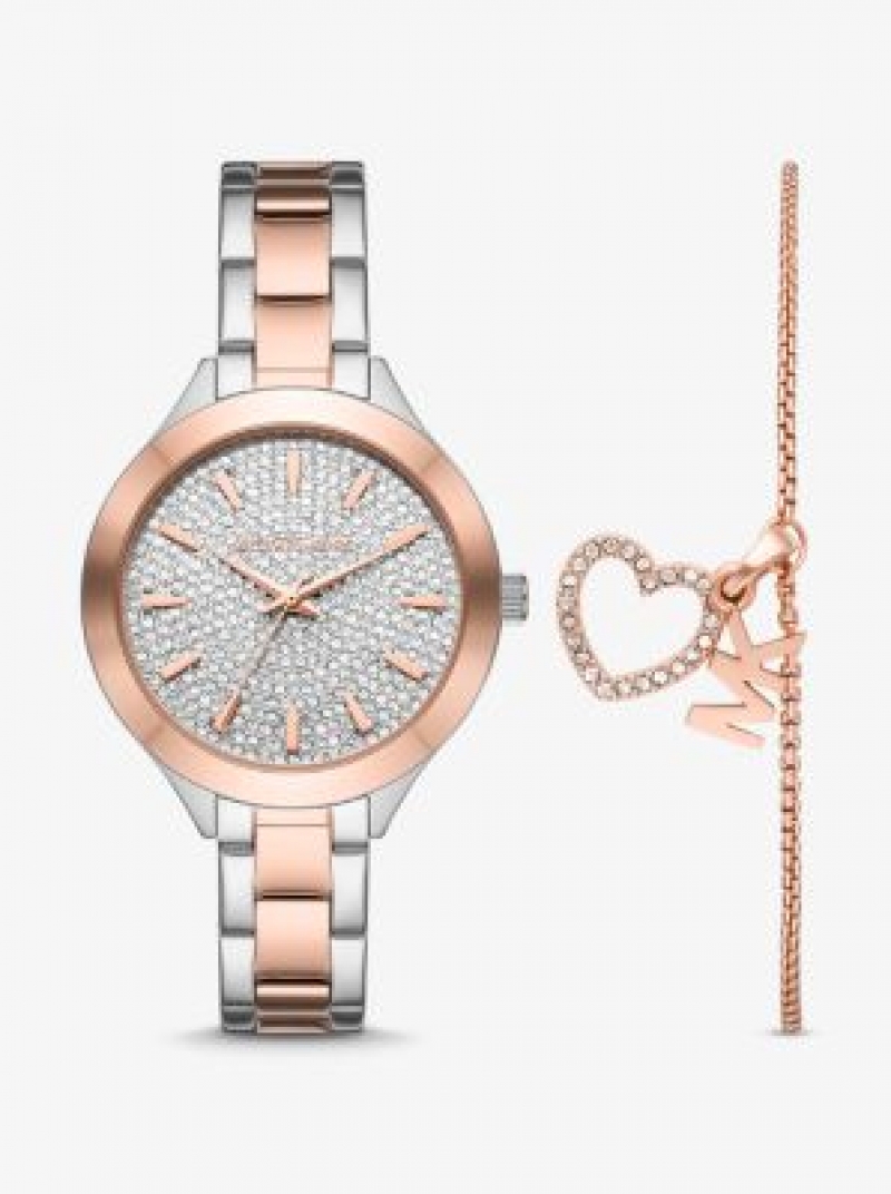 ihocon: Pavé Two-Tone Watch and Heart Bracelet Set 手錶及心形手鍊套裝