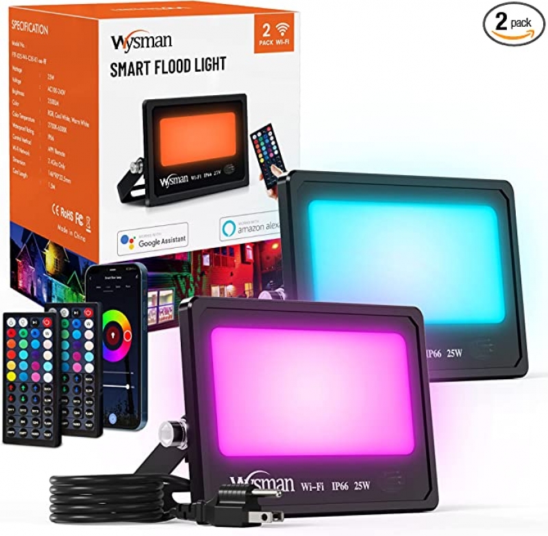 ihocon: Wysman RGB Outdoor Flood Light, 25W Smart Color Changing Exterior Landscape Lights with Remote(3 Prong Plug with 5ft Cord)   室外智能變色照明燈 (附遙控器) 2個