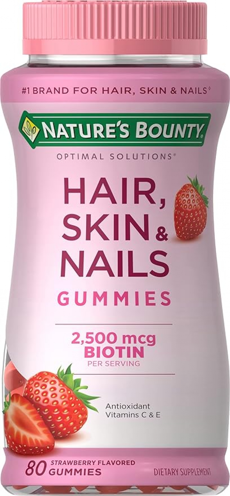 ihocon: [买一送一] Nature's Bounty Optimal Solutions Hair, Skin & Nails Vitamin Gummies with Biotin, 2500 mcg, Strawberry, 3-Pack of 80 Count Bottles 头发/皮肤/指甲维他命软糖 80粒 2瓶