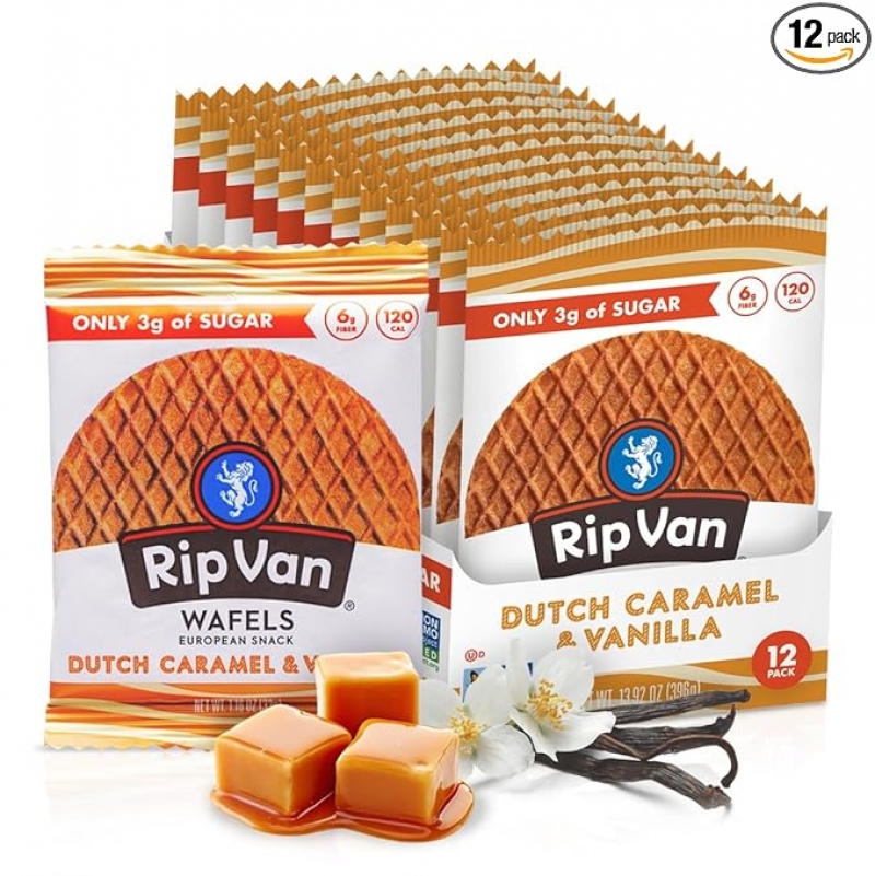 ihocon: Rip Van WAFELS Dutch Caramel & Vanilla Stroopwafels, Healthy Non GMO, Low Calorie / Sugar Office Snacks, Keto Friendly, 荷兰焦糖香草松饼 12 片