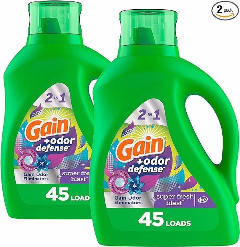 ihocon: Gain + Odor Defense Laundry Detergent Liquid Soap, 2-Pack, Super Fresh Blast Scent, 洗衣精 65 Fl Oz, 2瓶