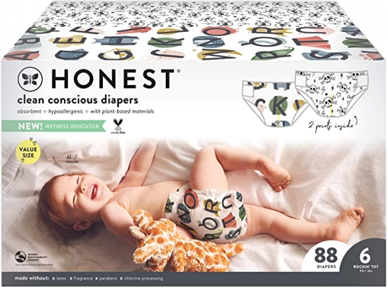 ihocon: The Honest Company - Super Club Box, Clean Conscious Diapers, All The Letters + Skulls, Size 6, 88 Count