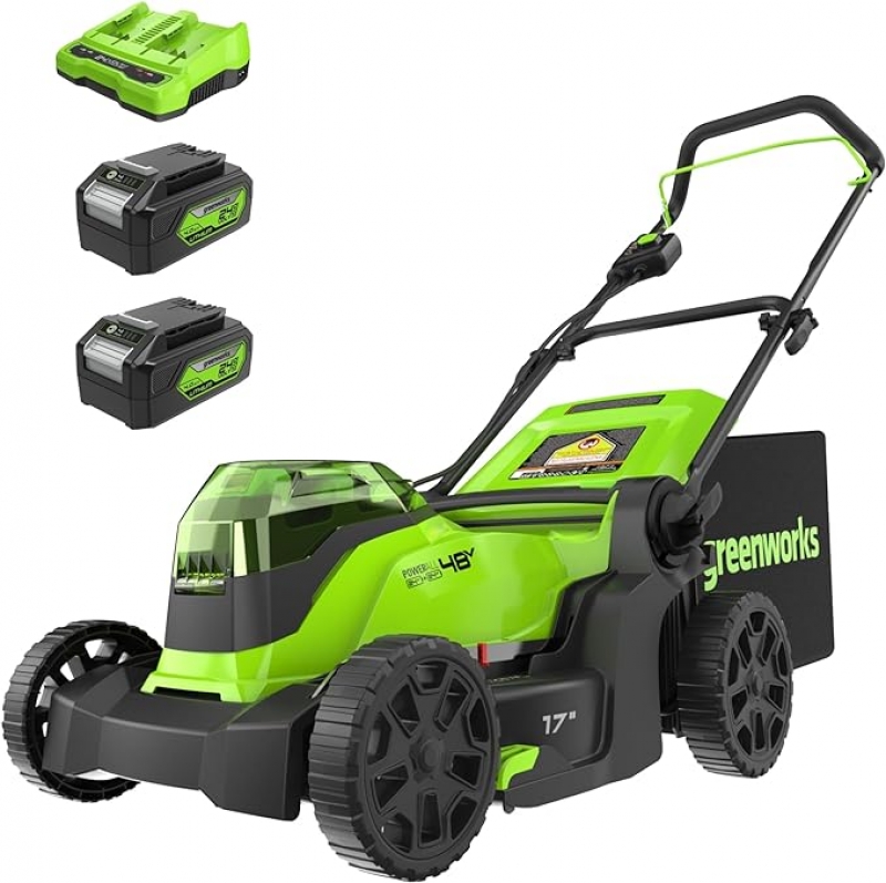 ihocon: Greenworks 48V (2 x 24V) 17吋 Brushless Cordless (Push) Lawn Mower, (2) 4.0Ah Batteries and Dual Port Rapid Charger Included 无线割草机，附电池和充电器