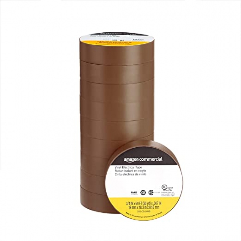 ihocon: [Amazon自家品牌]AmazonCommercial Vinyl Electrical Tape, 3/4 in x 60 ft x 0.007in (19 mm x 18.3 m x 0.18mm), Brown, 10-Pack 電工膠帶 10捲