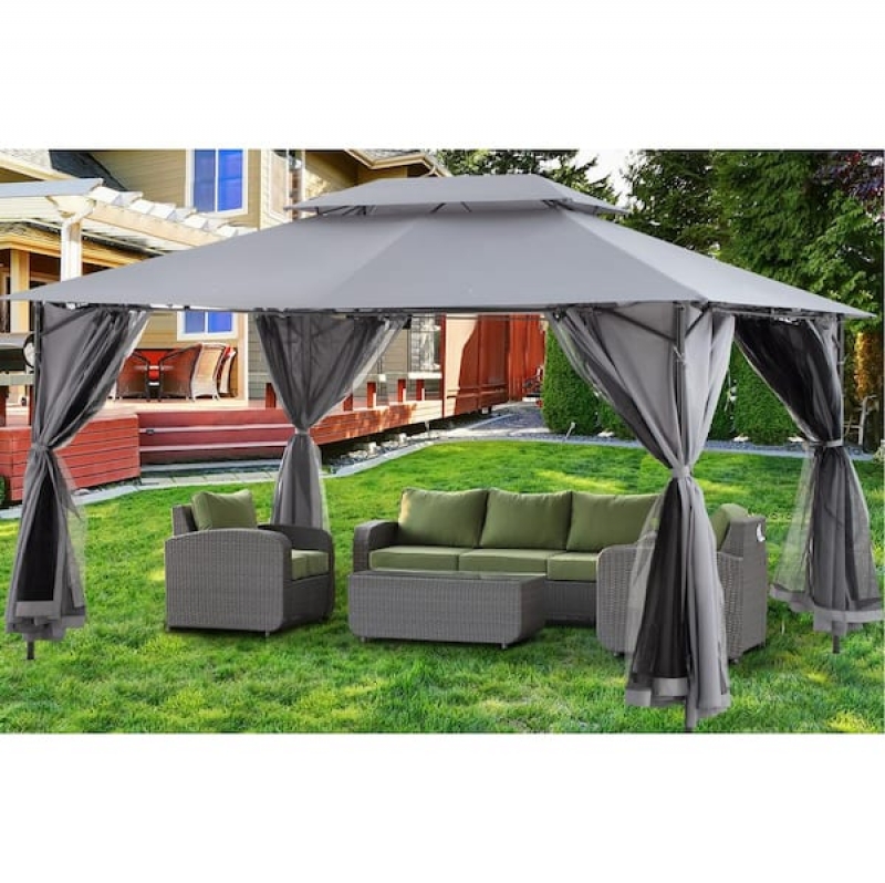 ihocon: 13 ft. x 10 ft. Gray Double Roof Tops Gazebo with Mosquito Netting and Shade Curtains 帶蚊帳和遮陽簾 涼亭