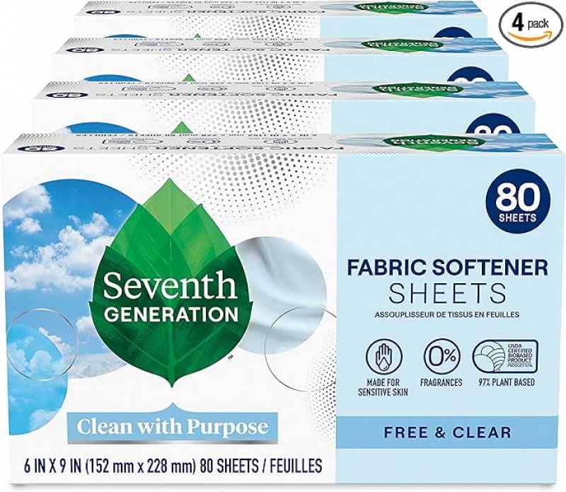 ihocon: Seventh Generation Dryer Sheets Fabric Softener Free & Clear Fragrance Free 無香料衣物柔軟烘衣紙, 80張, 4盒