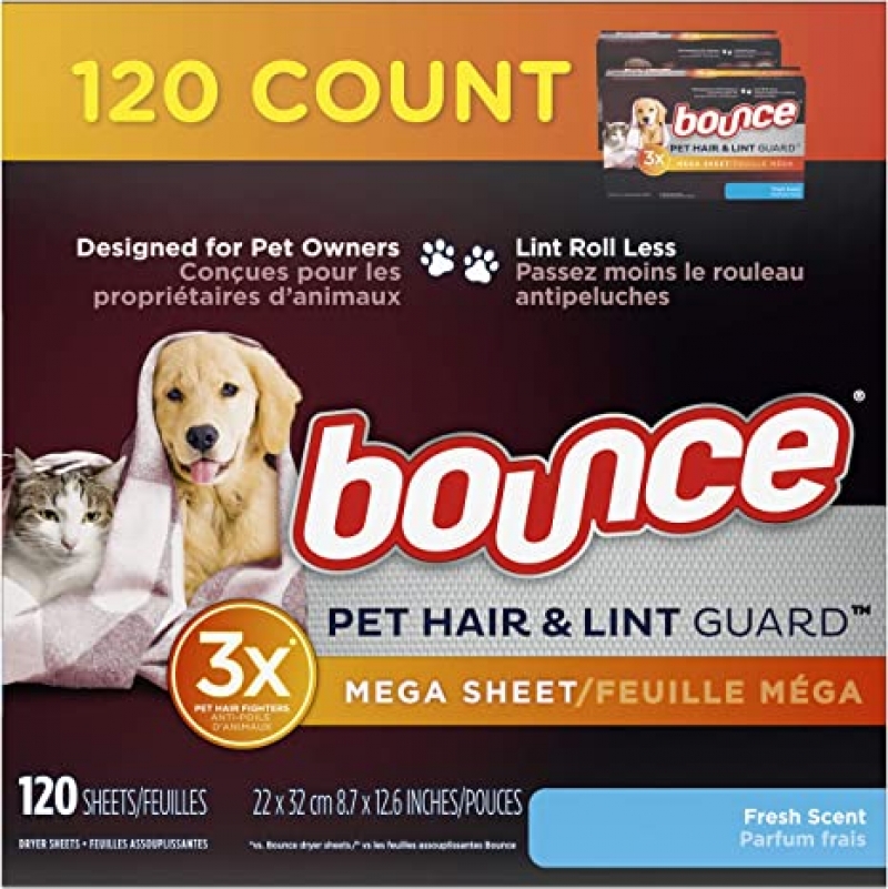 ihocon: Bounce Pet Hair and Lint Guard Mega Dryer Sheets for Laundry, Fabric Softener with 3X Pet Hair Fighters, Fresh Scent, 120 Count 衣物柔軟芳香烘衣紙(寵物毛髮和棉絨防護)