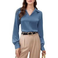 ihocon: Pintimi Women's Satin Silk Blouse V Neck Lapel Collar Long Sleeve Top 女士襯衫-多色可選