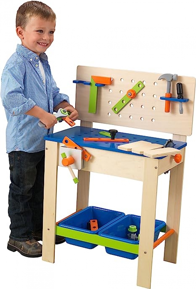 ihocon: KidKraft Deluxe Wooden Workbench Toy with Four Play Tools, Rotating Pretend Buzz Saw and Storage Bins兒童木工玩具