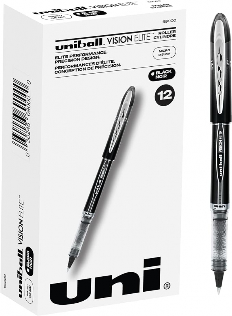 ihocon: uniball Vision Elite Rollerball Pens with 0.5mm Fine Point Micro Tip, Black, 12 Count    黑色原子筆12支
