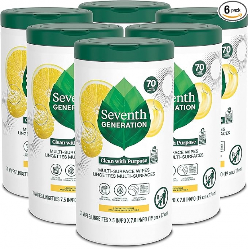 ihocon: Seventh Generation Multi Surface Wipes All Purpose Cleaning Lemon Zest scent with 100% Essential Oils and Botanical Ingredients 清洁湿巾 70张, 6罐