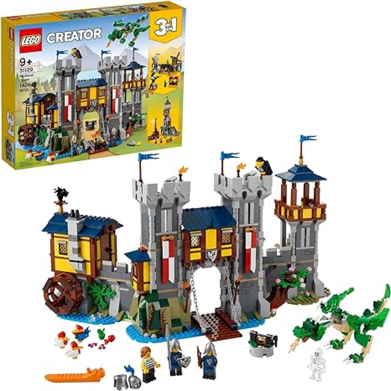 ihocon: 樂高積木LEGO Creator 3合1 Medieval Castle Toy, Transforms from Castle to Tower to Marketplace, Includes Skeleton and Dragon Figure, with 3 Minifigures and Catapult, 31120 中世紀城堡 (1,426 pieces) 