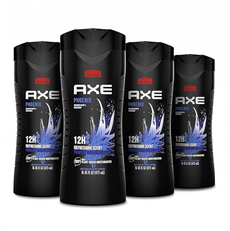 ihocon: AXE Body Wash Phoenix 4 Count 12h Refreshing Scent Crushed Mint & Rosemary Men's Body Wash with 100% Plant-Based Moisturizers 男士沐浴乳, 16 oz, 瓶