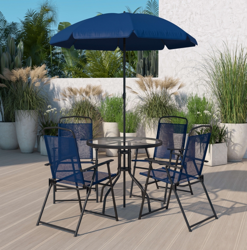 ihocon: Flash Furniture Nantucket 6 Piece Navy Patio Garden Set with Umbrella Table and Set of 4 Folding Chairs 6件式 庭園桌椅, 含遮陽傘
