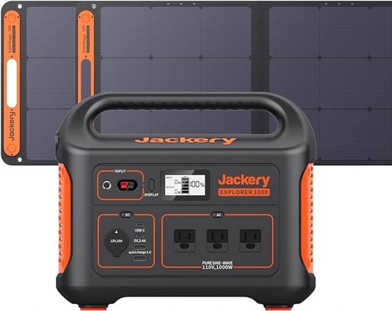 ihocon: Jackery Solar Generator 1000 • 1002Wh Capacity • with 2xSolarSaga 100W Solar Panels • 3x1000W AC Outlets • Portable Power Station • Ideal for Home Backup, Emergency, RV Outdoor Camping • Black, Orange  便攜儲電器/行動電源 + 2片太陽能板