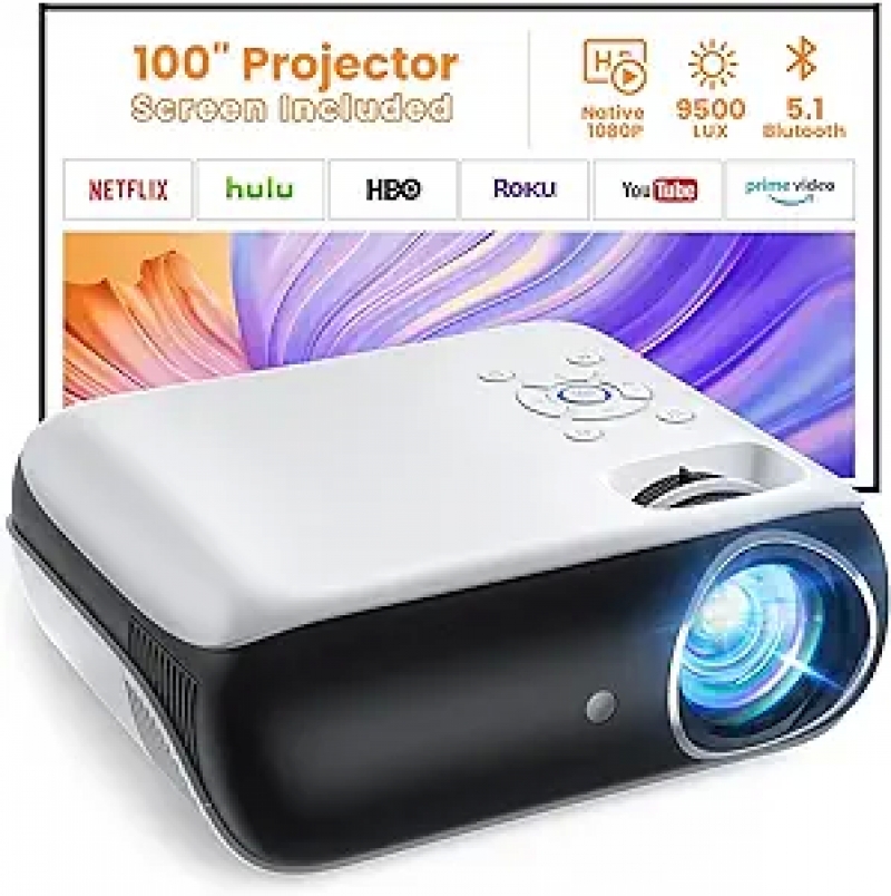 ihocon: HAPPRUN Projector, Native 1080P Bluetooth Projector with 100 Screen, Portable Outdoor Movie Projector, Mini Projector for Home Bedroom, Compatible with 藍牙投影儀, 附100吋螢幕