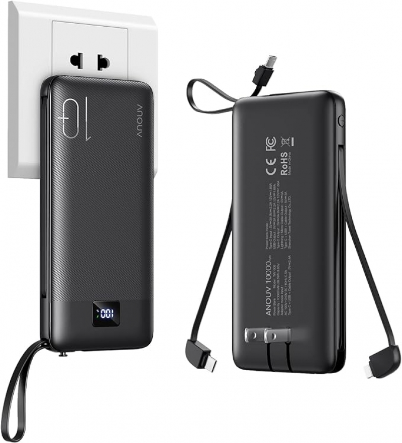 ihocon: ANOUV Portable Charger with Built-in Cables&AC Wall Plug,10000mAh Power Bank行動電源(內建充電線)