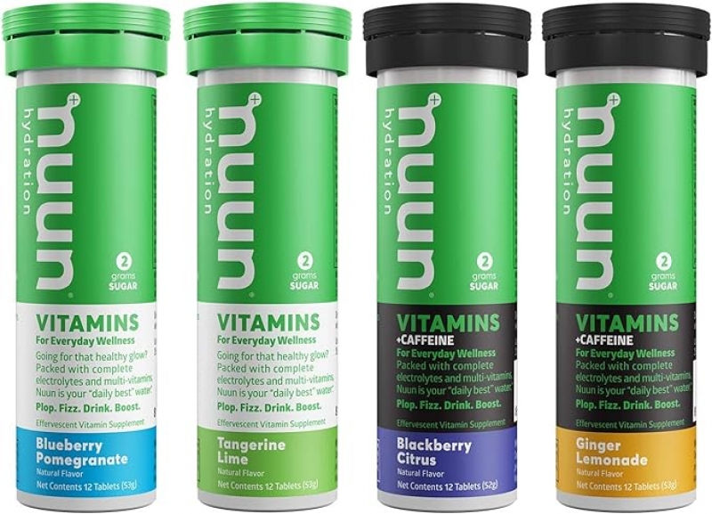 ihocon: Nuun Hydration Vitamins Electrolyte Tablets + Vitamins, Mixed Flavor Pack + Two Caffeinated Flavors電解質+維他命飲料發泡片/泡騰片12粒裝, 4罐 (共48粒)