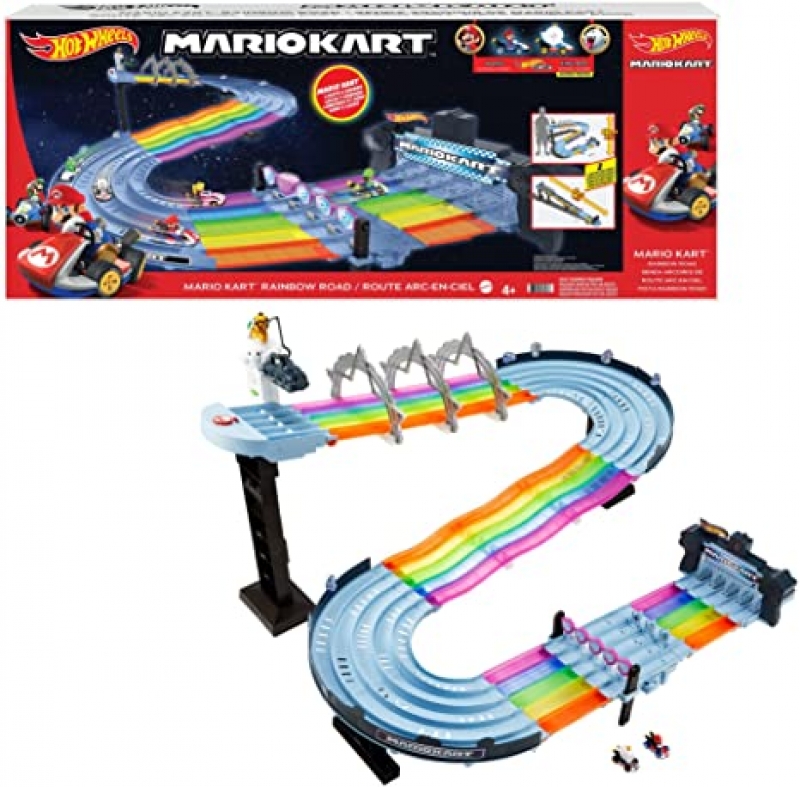 ihocon: Hot Wheels Mario Kart Rainbow Road Raceway 8-Foot Track Set with Lights & Sounds & 2 1:64 Scale Vehicles 聲光軌道套裝