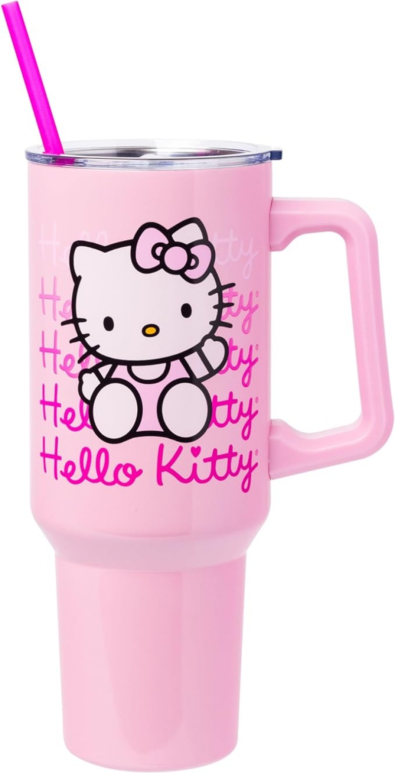 ihocon: Silver Buffalo Sanrio Hello Kitty Waving Stainless Steel Tumbler with Handle and Straw, Fits in Standard Cup Holder, 40 oz 不銹鋼保溫杯