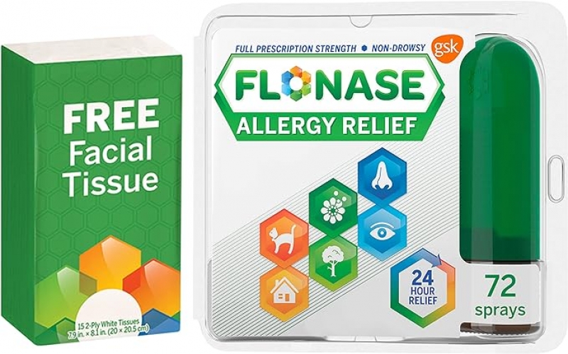 ihocon: Flonase Allergy Relief Nasal Spray, 24-Hour Non-Drowsy Multi-Symptom Relief过敏缓解鼻喷雾 72次装, 送面纸1包