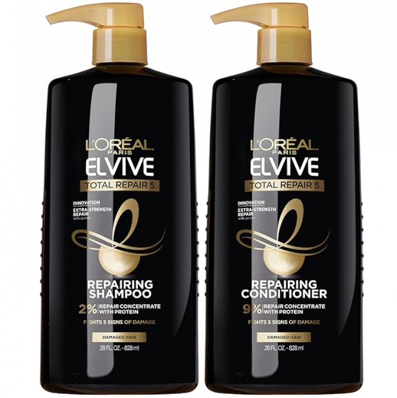 ihocon: L'Oreal Paris Elvive Total Repair 5 Repairing Shampoo and Conditioner for Damaged Hair, 受損髮質修復洗髮精+護髮乳 28 oz