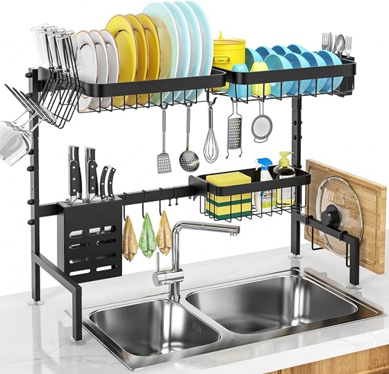 ihocon: MERRYBOX Over The Sink Dish Drying Rack Adjustable Length (25-33in) 雙層水槽上方碗盤架