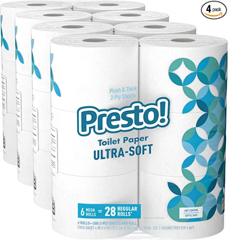 ihocon: [Amazon自家品牌] Presto! 308-Sheet Mega Roll Toilet Paper, 6 Count (Pack of 4), 24 Mega Rolls = 112 regular rolls 廁所衛生紙